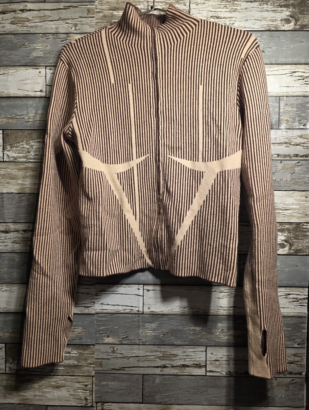 PrettyLittleThing Beige and Brown Ribbed Zip-Up Jacket